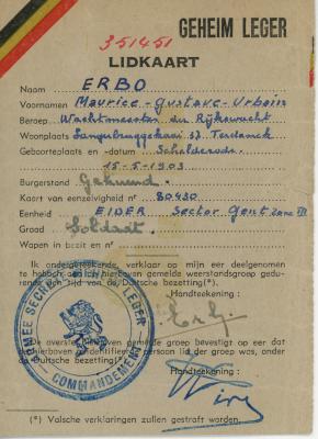 Lidkaart Geheim Leger Maurice Erbo