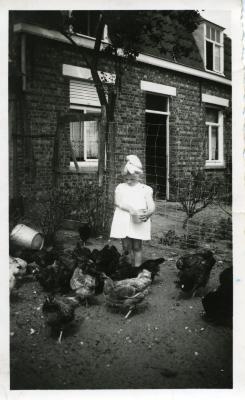 Andrea Van De Veire met kippen, Bassevelde, omstreeks 1938
