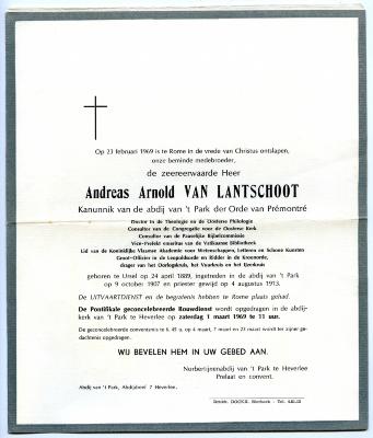 Rouwbrief Andreas Arnold Van Lantschoot, Ursel, 1969