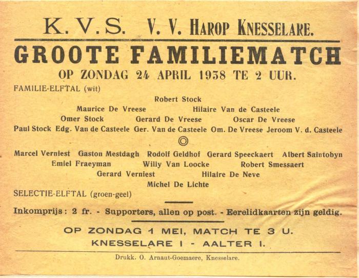 Aankondiging van K.V.S.  V.V. Harop Knesselare 'Groote Familiematch'