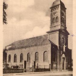 Zicht op de pastorij en de eerste parochiekerk van Rieme