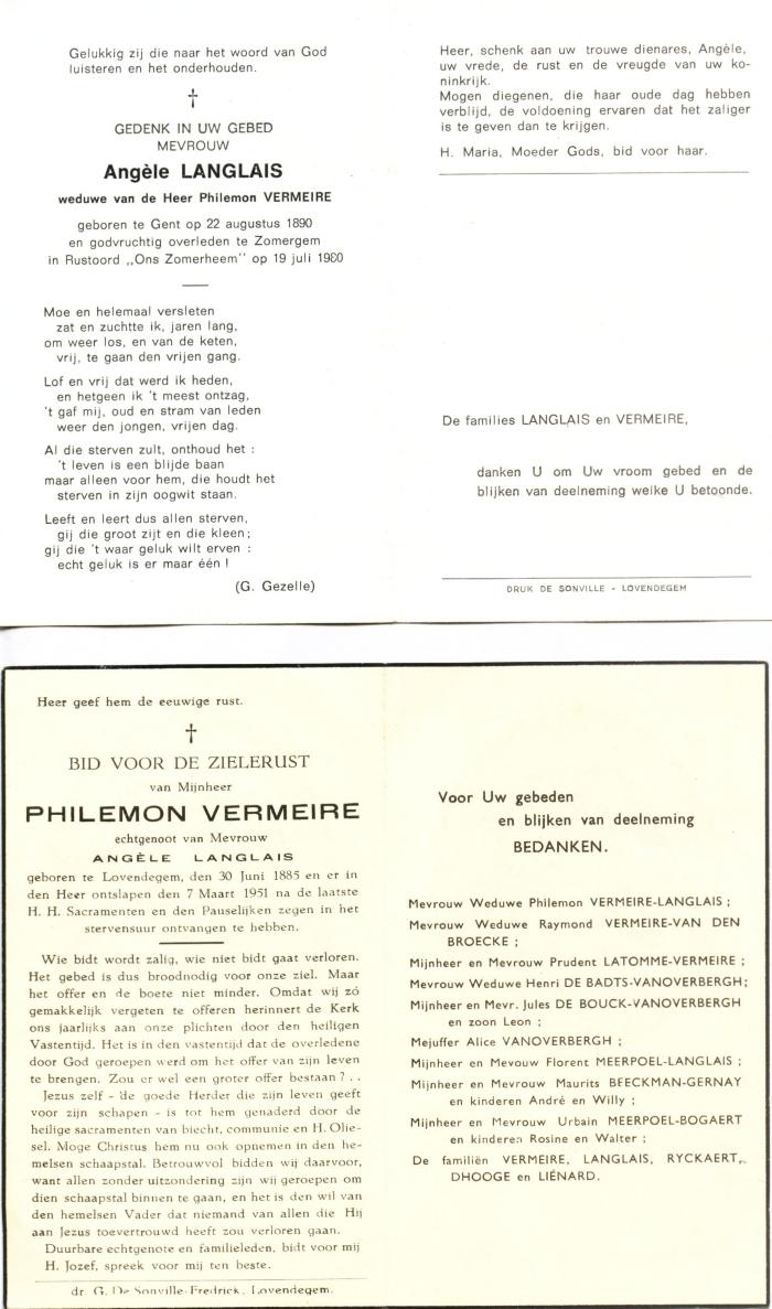 Bidprentje Angèle Langlais / Philemon Vermeire