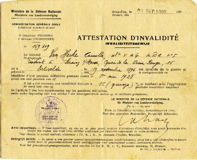 Invaliditeitsbewijs, Ertvelde, 1928