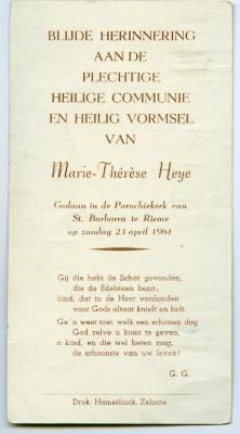 Aandenken aan vormsel en communie van Marie-Thérèse Heye, 1961 (II)