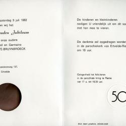 Uitnodiging voor jubileumviering Heye-Bruynbroeck in de kerk van Rieme, 1982