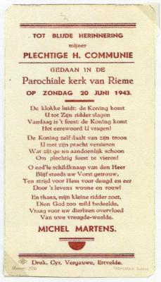 Communiekaartje Michel Martens 1943 (I), Rieme