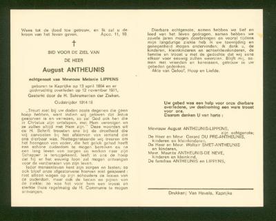 Binnenzijde bidprentje August Antheunis, Kaprijke, 1971