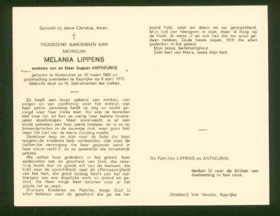 Binnenzijde bidprentje Melanie Lippens, Kaprijke, 1973