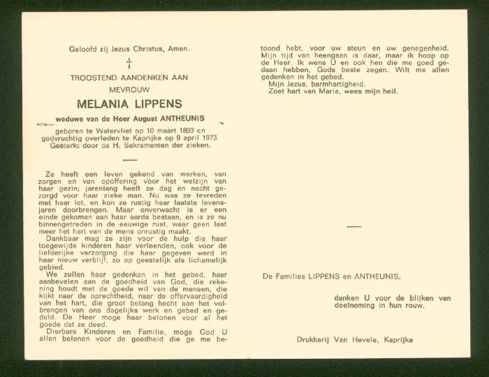 Binnenzijde bidprentje Melanie Lippens, Kaprijke, 1973