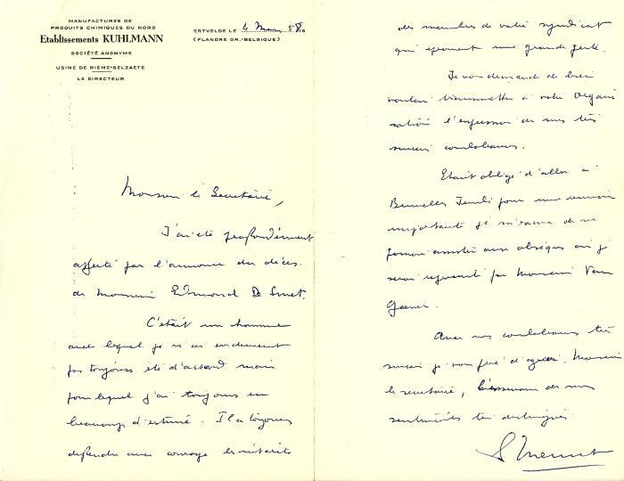 Brief aan secretaris, Kuhlmann, Rieme - Zelzate, 1958