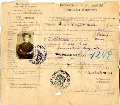 Belgische identiteiskaart aangepast aan Duitse normen, Eeklo, 1914