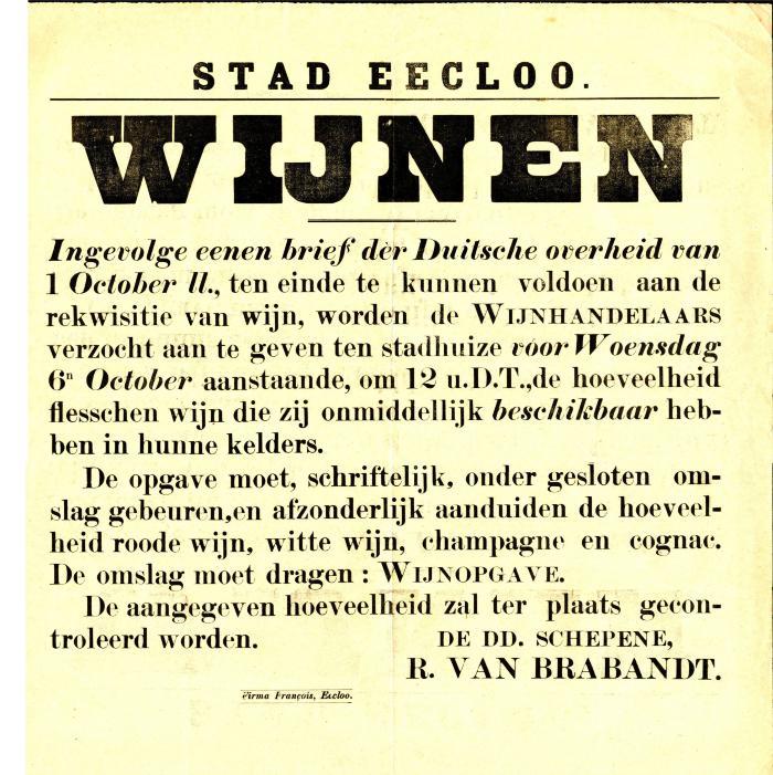 Verordening Wijnen, Eeklo, 1915