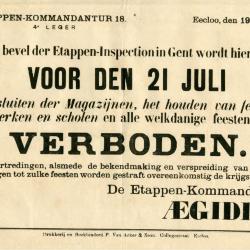 Verordening 21 juli viering, Eeklo, 1915