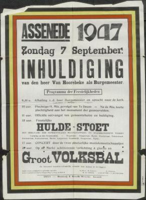 Inhuldiging van den heer Van Hoorebeke als Burgemeester Assenede