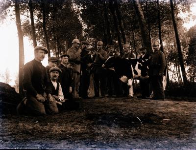Foto van veldwachters, boeren en een koe
