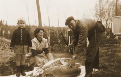 Foto van het thuis slachten van een varken