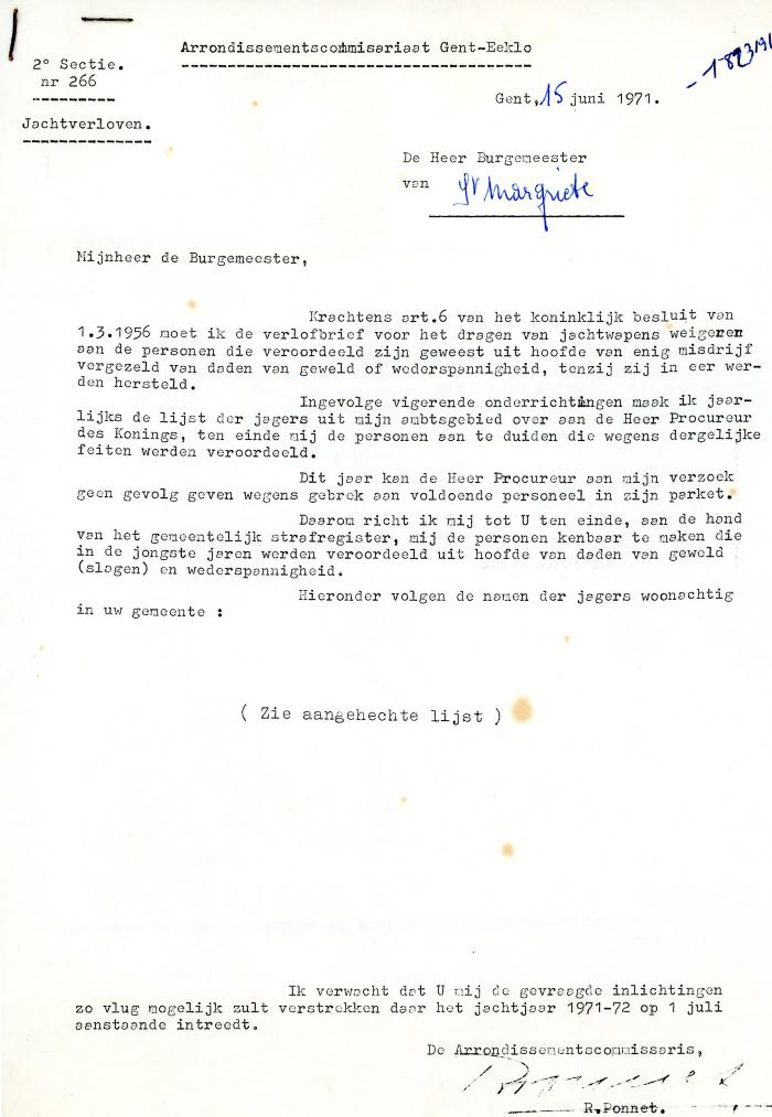 Brief over het dragen van een jachtwapen door veroordeelde personen