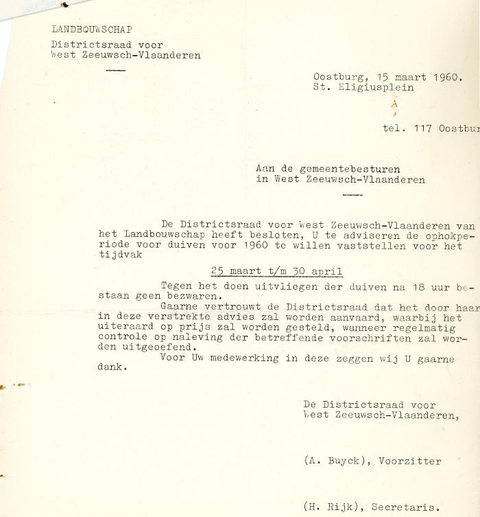 Brief over het ophokken van reisduiven door de districtsraad van West-Zeeuws Vlaanderen